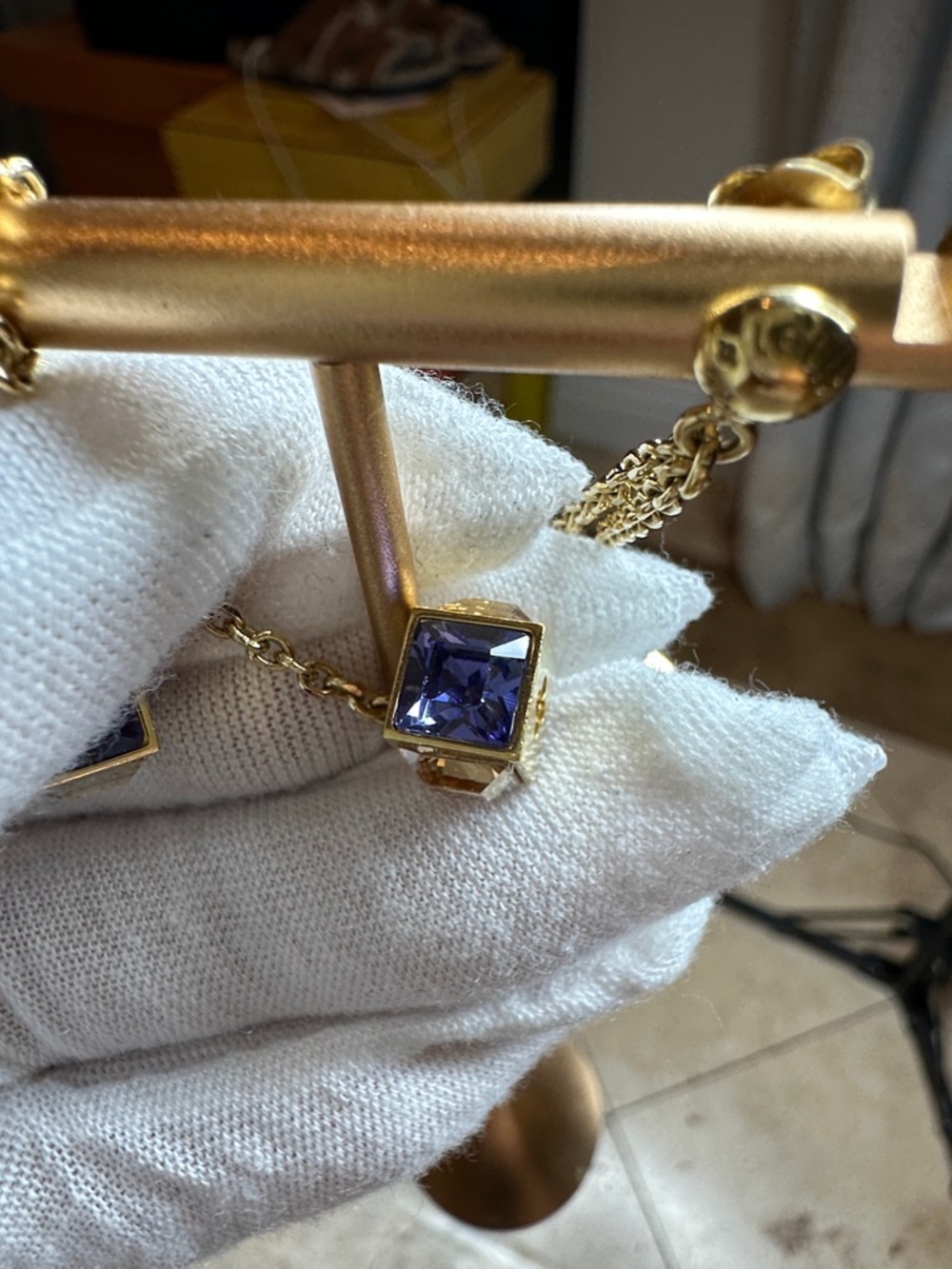 Gold and Navy blue  Cube Drop Earrings - Luxury Brand - Picture 2 of 7